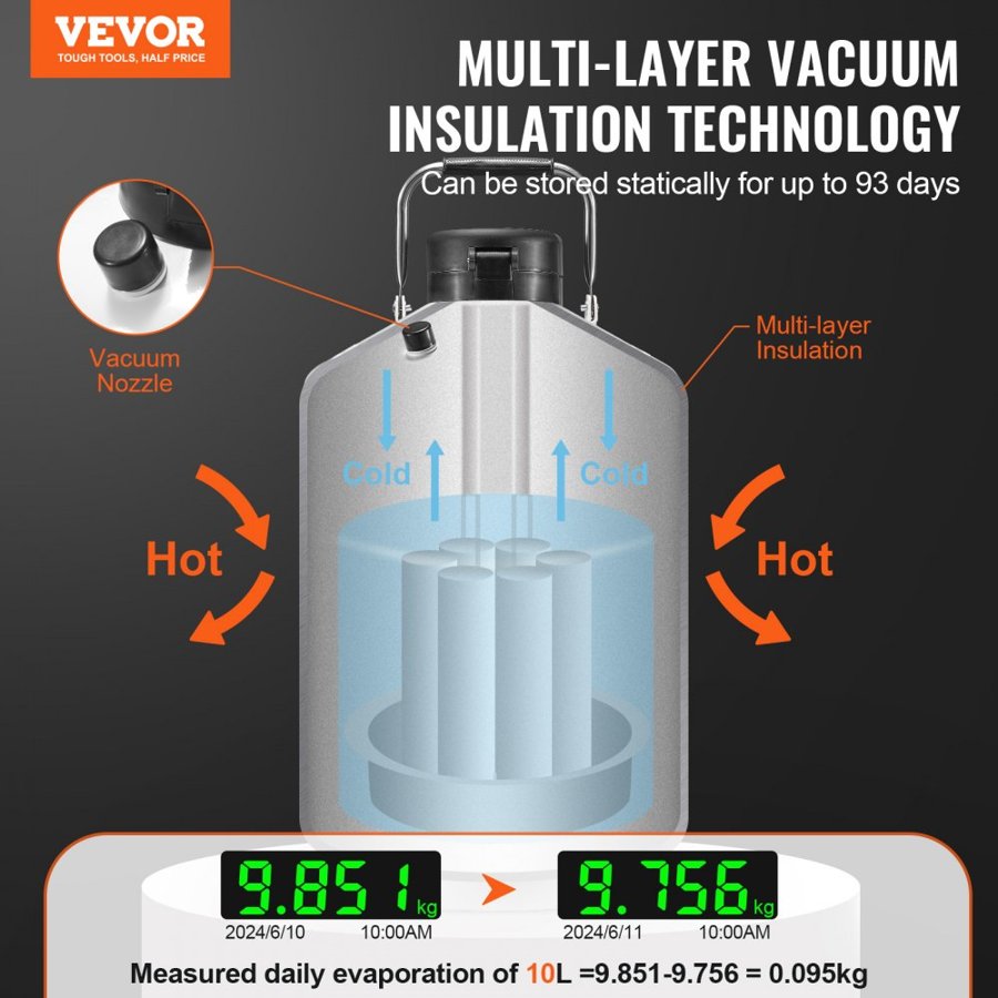 VEVOR Liquid Nitrogen Tank, 10 L Aluminum Alloy Liquid Nitrogen Container, LN2 Tank Dewar with 6 Canisters and Carry Bag with Straps, Cryogenic Tank for Beauty Industry, Semen Preservation, Scientific