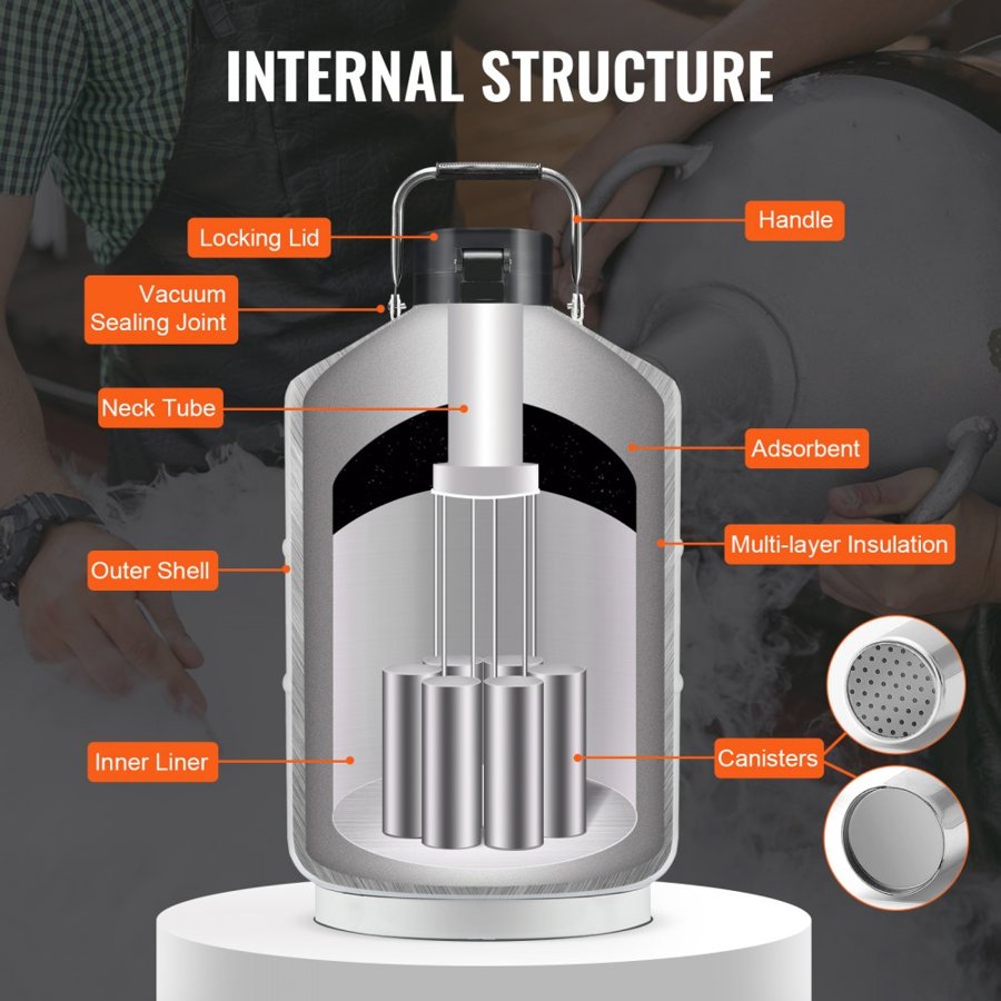 VEVOR Liquid Nitrogen Tank, 10 L Aluminum Alloy Liquid Nitrogen Container, LN2 Tank Dewar with 6 Canisters and Carry Bag with Straps, Cryogenic Tank for Beauty Industry, Semen Preservation, Scientific