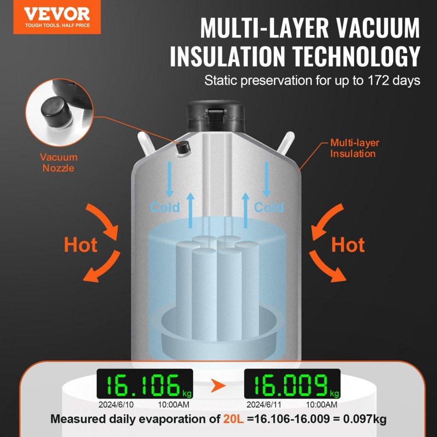VEVOR Liquid Nitrogen Tank, 20 L Aluminum Alloy Liquid Nitrogen Container, LN2 Tank Dewar with 6 Canisters and Carry Bag with Straps, Cryogenic Tank for Beauty Industry, Semen Preservation, Scientific