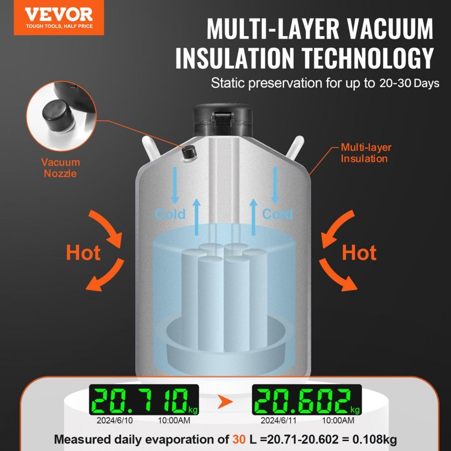 VEVOR Liquid Nitrogen Tank, 30 L Aluminum Alloy Liquid Nitrogen Container, LN2 Tank Dewar with 6 Canisters and Carry Bag with Straps, Cryogenic Tank for Beauty Industry, Semen Preservation, Scientific