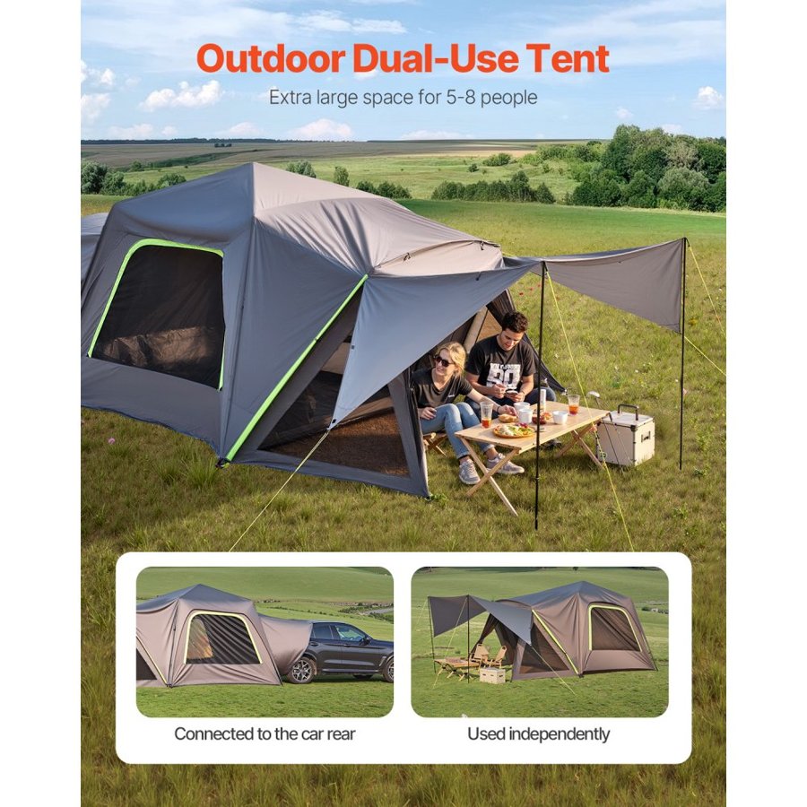 VEVOR SUV Tent for Camping, 10FT L x 10FT W, Waterproof PU2000mm Spacious Double Layer Design for 5-8 Person, SUV Camping Tent with Shade Awning and Mesh Windows, Includes Rainfly and Storage Bag