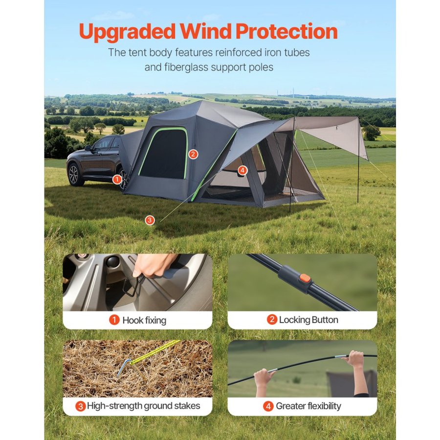 VEVOR SUV Tent for Camping, 10FT L x 10FT W, Waterproof PU2000mm Spacious Double Layer Design for 5-8 Person, SUV Camping Tent with Shade Awning and Mesh Windows, Includes Rainfly and Storage Bag