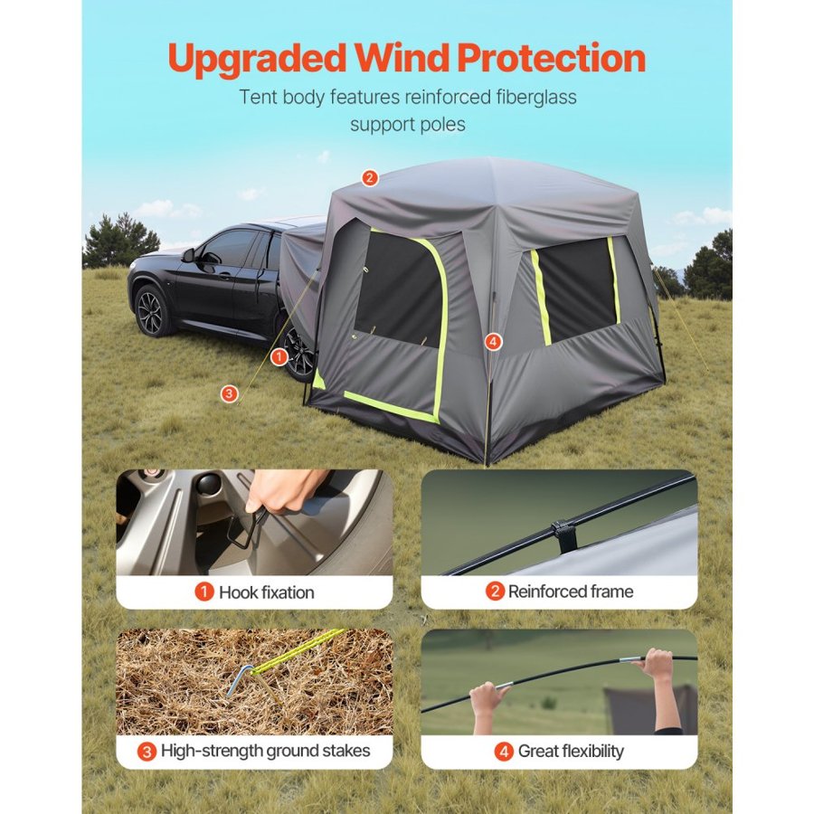 VEVOR SUV Tent for Camping, 10FT L x 8FT W, Waterproof PU2000mm Spacious Double Layer Design for 5-8 Person, SUV Camping Tent with Mesh Windows, Includes Rainfly & Storage Bag, for Outdoor Activities