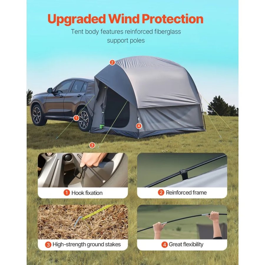 VEVOR SUV Tent for Camping, 8FT L x 8FT W, Waterproof PU2000mm Spacious Double Layer Design for 5-8 Person, SUV Camping Tent with Mesh Windows, Includes Rainfly & Storage Bag, for Outdoor Activities