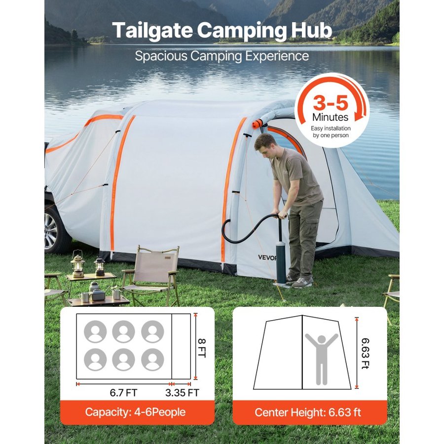 VEVOR Inflatable SUV Tent with Awning, 2.44 x 2.04m 3-Season SUV Tailgate Tent with Ventilated Doors & Mesh Window, PU2000mm Waterproof Car Rear Hatch Tents for Outdoor Camping - Air Pump Included