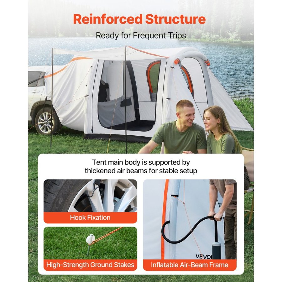 VEVOR Inflatable SUV Tent with Awning, 2.44 x 2.04m 3-Season SUV Tailgate Tent with Ventilated Doors & Mesh Window, PU2000mm Waterproof Car Rear Hatch Tents for Outdoor Camping - Air Pump Included