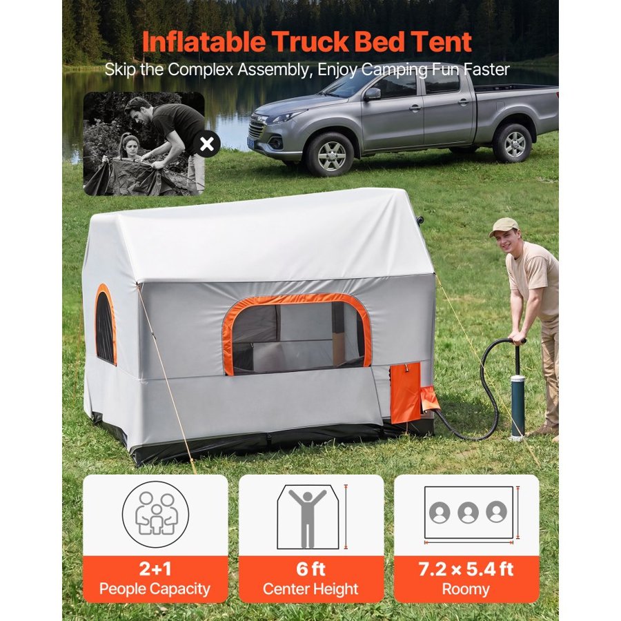 VEVOR Inflatable Pickup Truck Tent, 2.2 x 1.65m 3-Season Truck Bed Tent with Ventilated Mesh Windows, PU2000mm Waterproof Pickup Camping Tents for Outdoor Hiking Activities - Air Pump Included