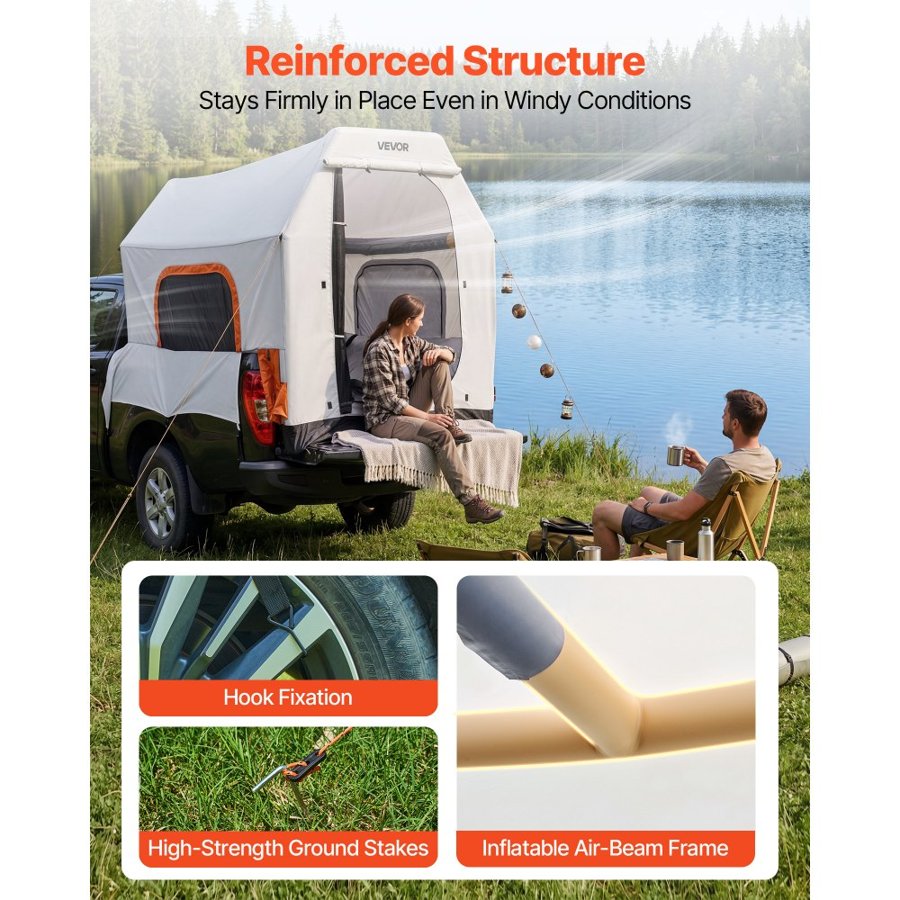 VEVOR Inflatable Pickup Truck Tent, 2.2 x 1.65m 3-Season Truck Bed Tent with Ventilated Mesh Windows, PU2000mm Waterproof Pickup Camping Tents for Outdoor Hiking Activities - Air Pump Included