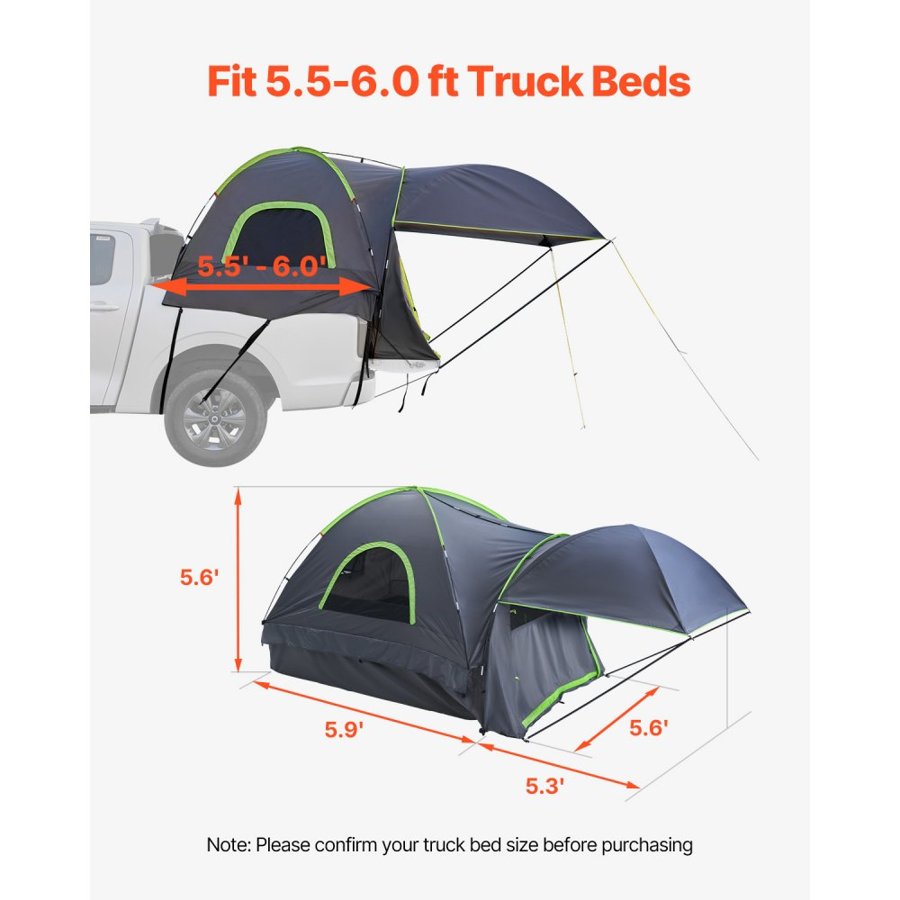 VEVOR Pickup Truck Tent, Fits 5.5-6.0 ft Truck Tents for Camping, Waterproof PU2000 mm 2-3 Person Sleeping Truck Bed Tent, Sturdy Truck Bed Camper Shell with Expandable Awning, Storage Bag