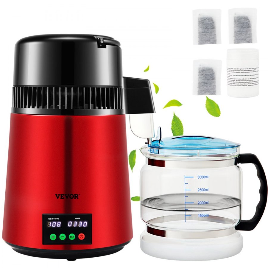 VEVOR 4 L Water Distiller, 1 L/H, 750W Distilled Water Maker Machine with 0-99 H Timing Setting Temp Display, 304 Stainless Steel Countertop Distiller Glass Carafe Cleaning Powder 3 Carbon Packs, Red