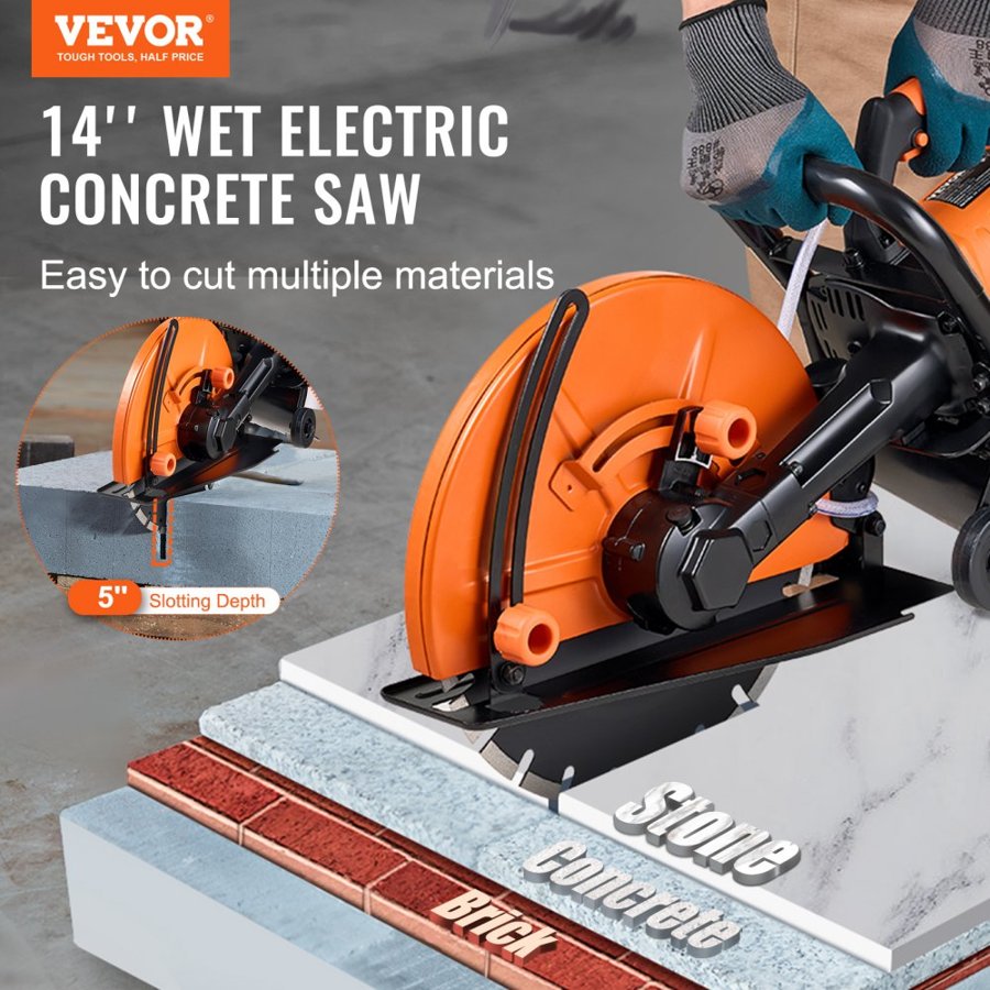 VEVOR Wet Dry Concrete Saw – 14" Blade, 5" Depth, 2600W