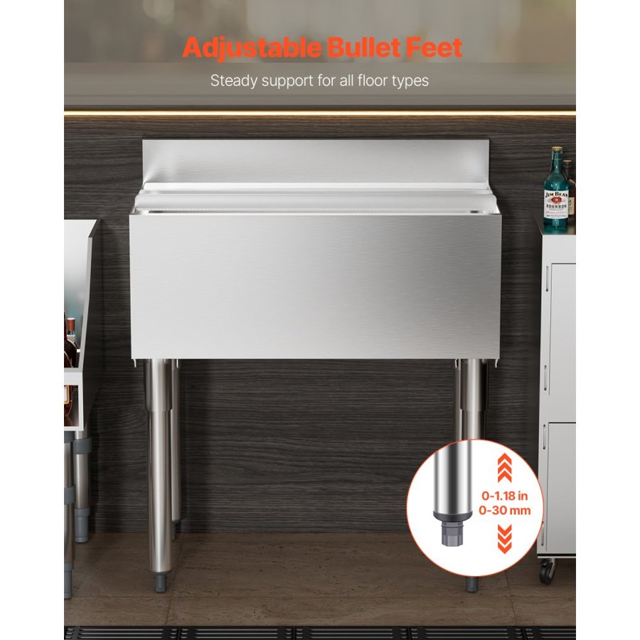 VEVOR Commercial Ice Bin, 78.4 L Underbar Ice Bin, 30 x 19 x 37 in Stainless Steel Ice Chest with Sliding Lid, Bottle Holders, Adjustable Bullet Feet, Cooler Cart Cocktail Unit for Bar Restaurant Pub