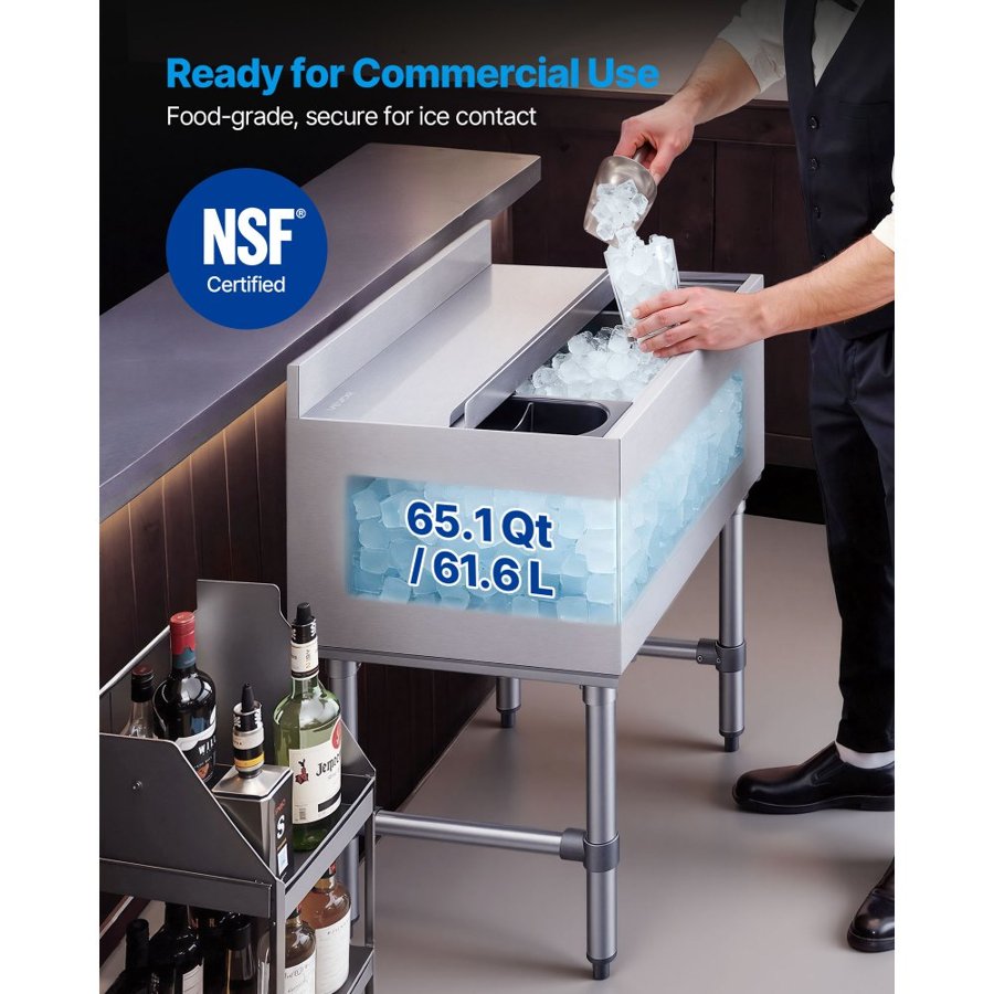 VEVOR Commercial Ice Bin, 61.6 L Max Capacity, 610 x 482 x 850 mm Stainless Steel Ice Chest with Sliding Lid and Bottle Holders, Cooler Cart Cocktail Unit for Bar Restaurant Pub, NSF Certified