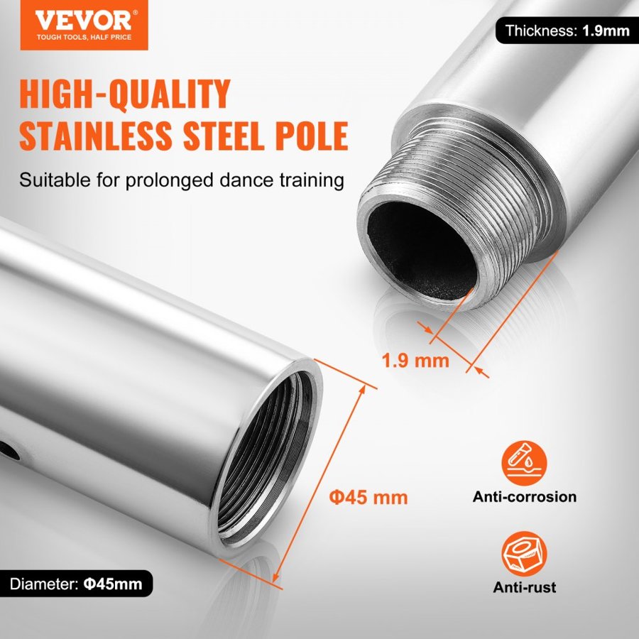 VEVOR Professional Dance Pole, Portable Dancing Poles, 88-110 in, Silver, Removable Exercise Dancing Poles for Fitness, Adjustable Height, 45 mm Heavy-Duty Steel, Spinning & Static, 440 lb Capacity