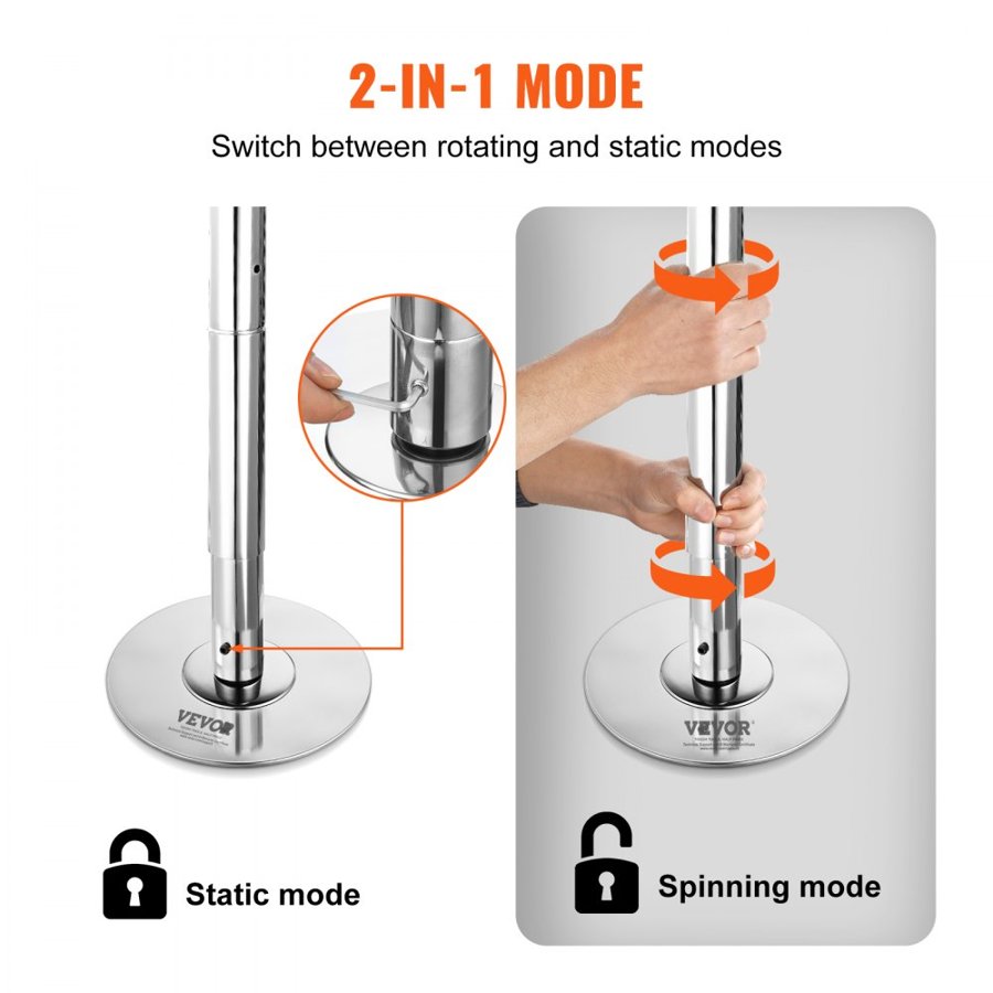 VEVOR Professional Dance Pole, Portable Dancing Poles, 88-110 in, Silver, Removable Exercise Dancing Poles for Fitness, Adjustable Height, 45 mm Heavy-Duty Steel, Spinning & Static, 440 lb Capacity