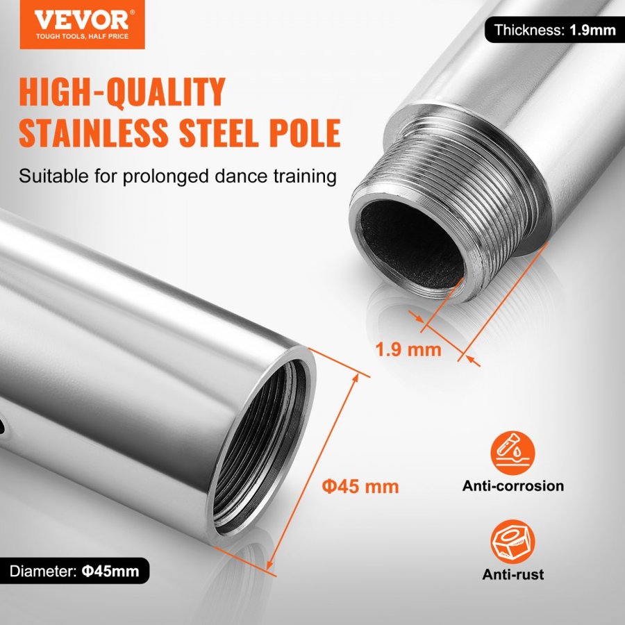 VEVOR Professional Dance Pole, Portable Dancing Poles, 86-110 in, Silver, Removable Exercise Dancing Poles for Fitness, Adjustable Height, 45 mm Heavy-Duty Steel, Spinning & Static, 440 lb Capacity