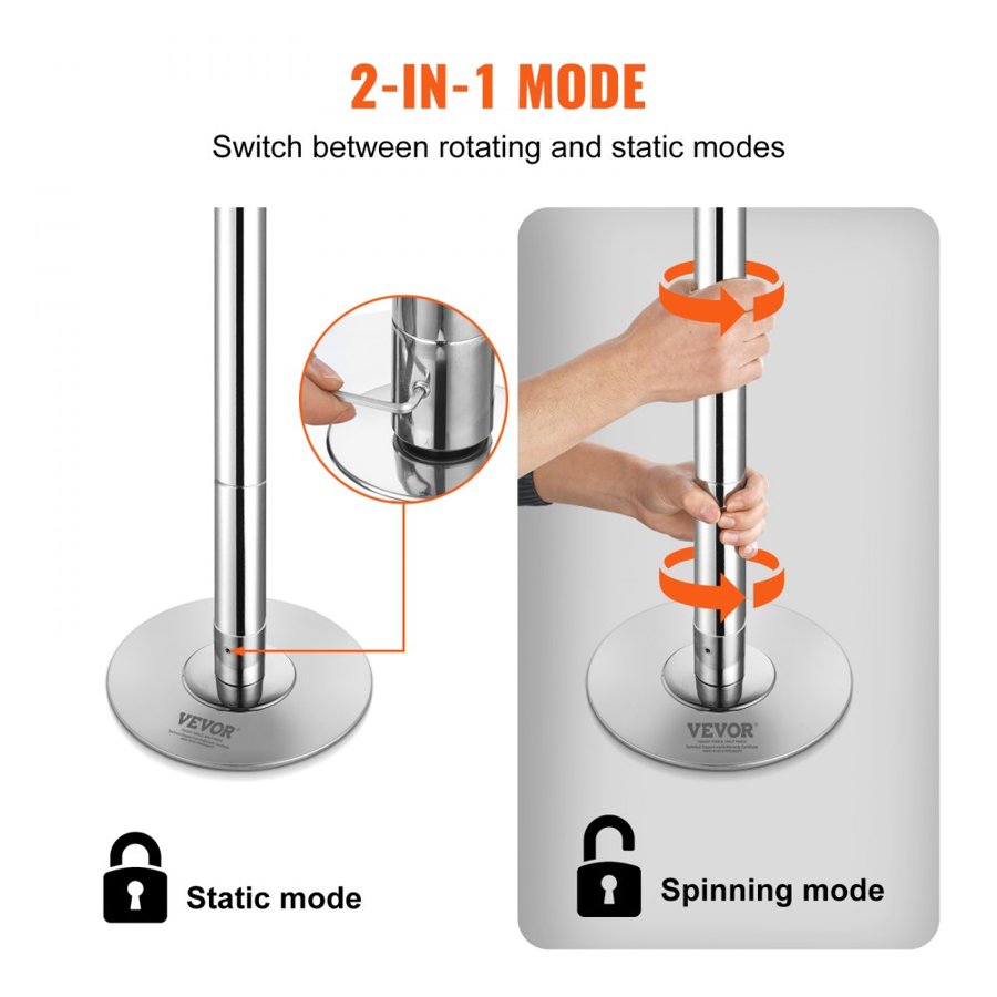 VEVOR Professional Dance Pole, Portable Dancing Poles, 86-110 in, Silver, Removable Exercise Dancing Poles for Fitness, Adjustable Height, 45 mm Heavy-Duty Steel, Spinning & Static, 440 lb Capacity