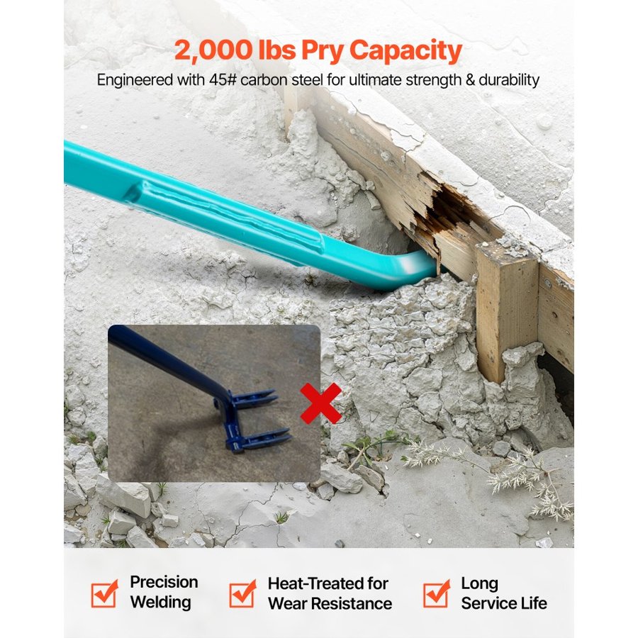 VEVOR Prylever Bar, 907 kg Weight Capacity, 1.3 m Heavy Duty Carbon Steel Handle Pry Lever Bar, 1.4 m Long Crowbar for Concrete, Demolition, Crowbaring, Ideal for Construction & Industrial Use