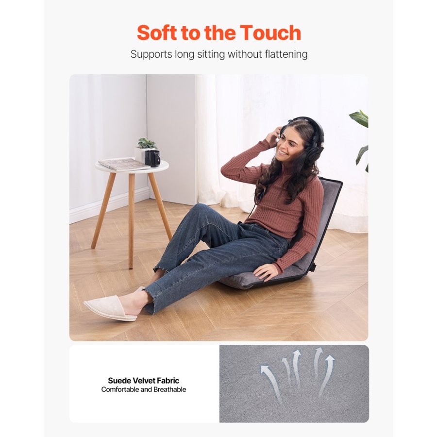 VEVOR Floor Chair, 6-Position Adjustable Meditation Chair with Back Support, Folding Sofa Chair for Reading TV Watching and Gaming, Portable Floor Seat Lounge Sofa Chair for Kids Teens Adults, Gray