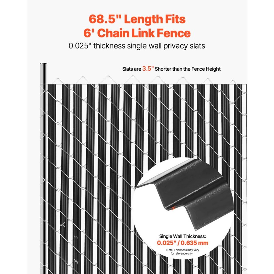 VEVOR Bottom Locking Privacy Slats, Single-Wall Vertical Bottom-Locking Slats for Chain-Link Fence, High-Density HDPE Chain Link Slats Ideally Fit 6' High Fence for Garden, Farm, Sports Field(Black)