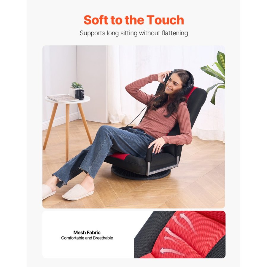 VEVOR Swivel Floor Gaming Chair with Armrests, 360-Degree Rotating Floor Chair with 6 Adjustable Position Folding Backrest and Lumbar Support, Folding Video Reclining Sofa for TV Reading, Red Black