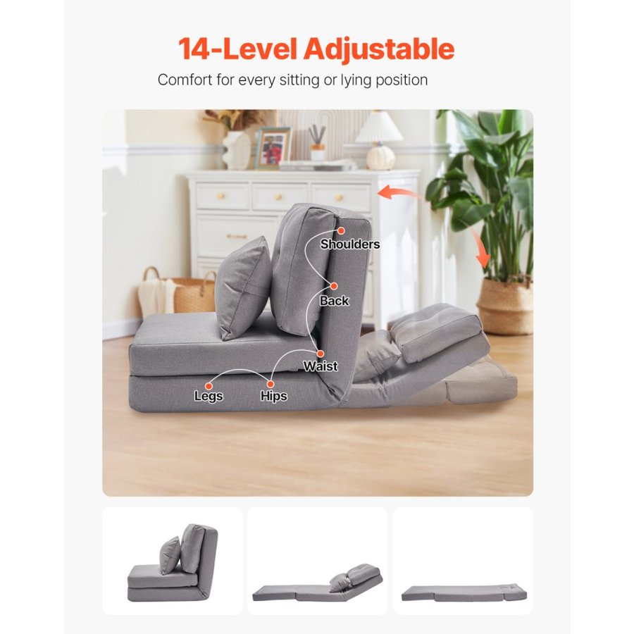 VEVOR Convertible Flip Chair, 5-Position Adjustable Floor Lazy Sofa, Folding Upholstered Couch Bed with Adjustable Backrest Metal Frame and Pillow, Folding Sofa Bed Chair for Living Room Bedroom, Gray