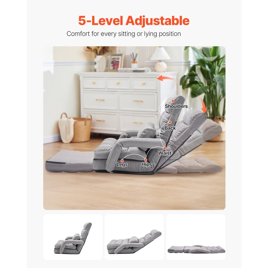 VEVOR Floor Chair, Floor Gaming Chair with 5 Adjustable Position and Back Support, Folding Sofa Chair with Armrest, Sofa Lounger Bed with Back Cushion for Living Room and Bedroom, Gray