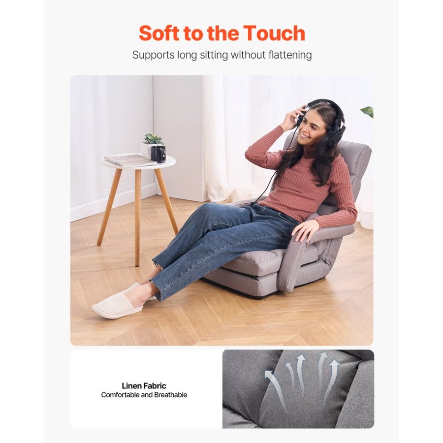 VEVOR Floor Chair, Floor Gaming Chair with 5 Adjustable Position and Back Support, Folding Sofa Chair with Armrest, Sofa Lounger Bed with Back Cushion for Living Room and Bedroom, Gray