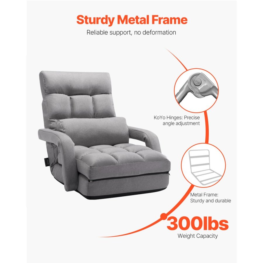 VEVOR Floor Chair, Floor Gaming Chair with 5 Adjustable Position and Back Support, Folding Sofa Chair with Armrest, Sofa Lounger Bed with Back Cushion for Living Room and Bedroom, Gray