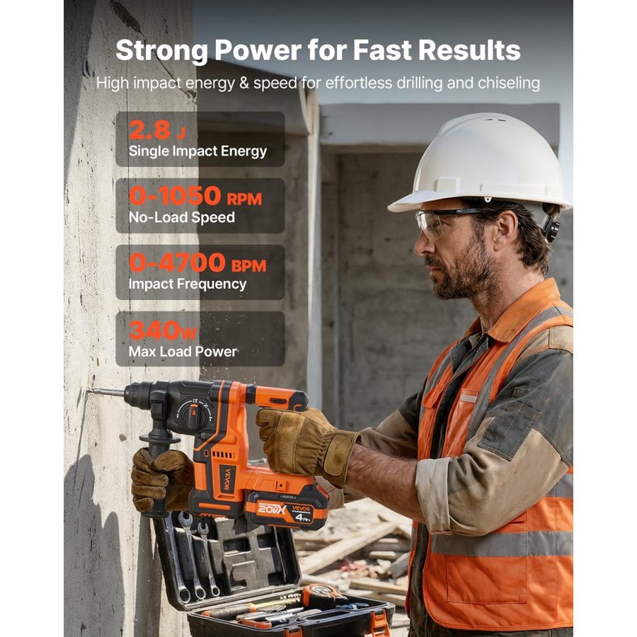 VEVOR Rotary Hammer Drill, 20 mm SDS-Plus Cordless, 20V Battery Powered Rotary Hammer, Brushless, Including Battery, Charger, 3 Drill Bits, Flat Chisel, Pointed Chisel, Carrying Case, for Concrete