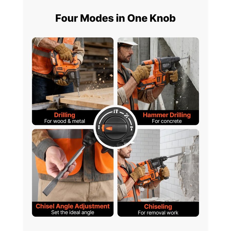 VEVOR Rotary Hammer Drill, 20 mm SDS-Plus Cordless, 20V Battery Powered Rotary Hammer, Brushless, Including Battery, Charger, 3 Drill Bits, Flat Chisel, Pointed Chisel, Carrying Case, for Concrete