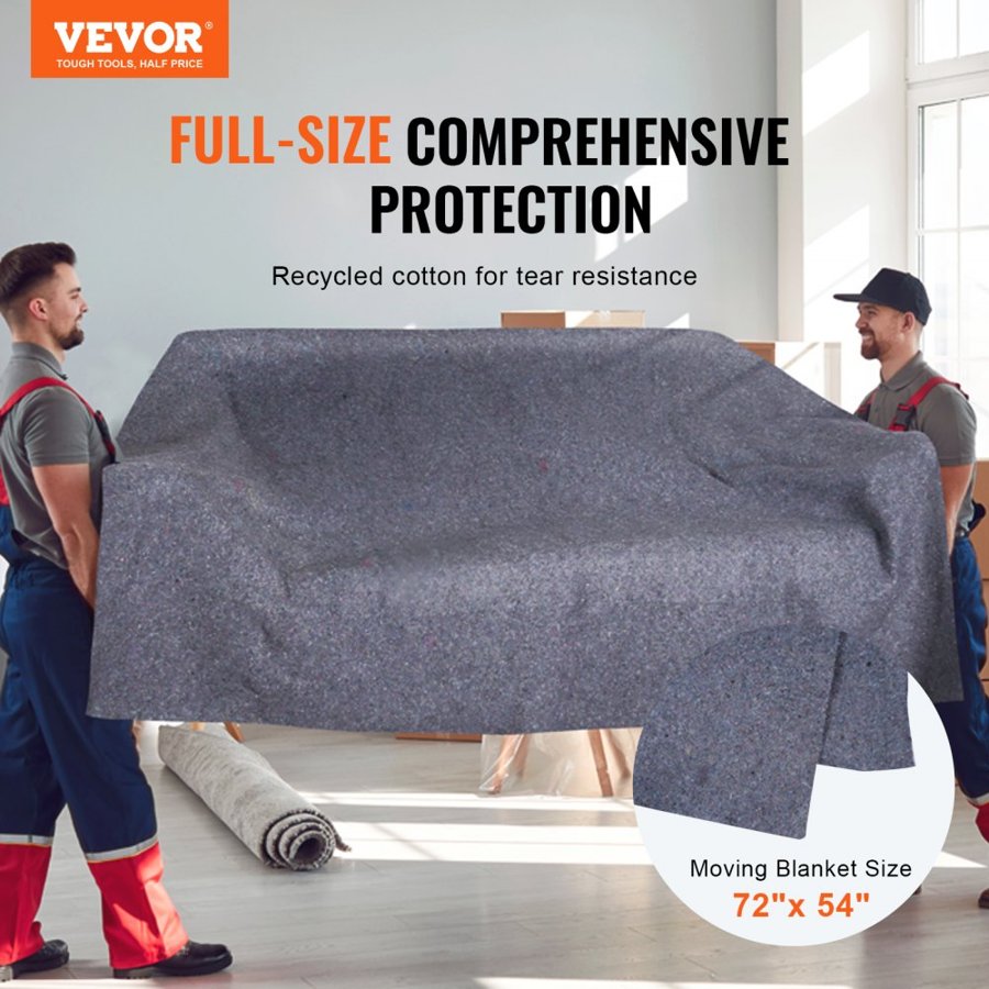 VEVOR Moving Blankets,182.9 x 137.2 cm, 9.5 kg/dz Weight, 12 Packs, Professional Recycled Cotton Packing Blanket, Large Heavy Duty Shipping Mover Pads Perfect for Protecting Furniture, Floors, Appliances