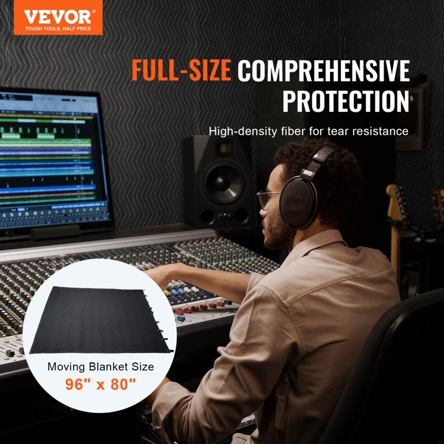 VEVOR Sound Dampening Blanket, 243.8 x 203.2 cm, Extra Large Studio Grommeted Soundproof Blanket with Grommets, Light Blocker for Door Acoustic Noise Blocking Blanket Studio Sound Absorption Sheet, Black