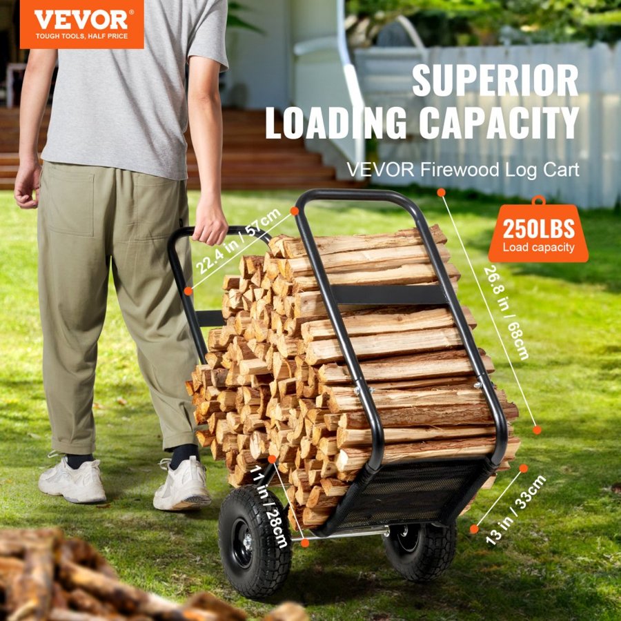 VEVOR Firewood Log Cart, 113.4 kg Capacity, Outdoor and Indoor Wood Rack Storage Mover with PU Wheels & Waterproof Cloth, Heavy Duty Steel Dolly Hauler, Firewood Carrier for Fireplace, Fire Pit, Black