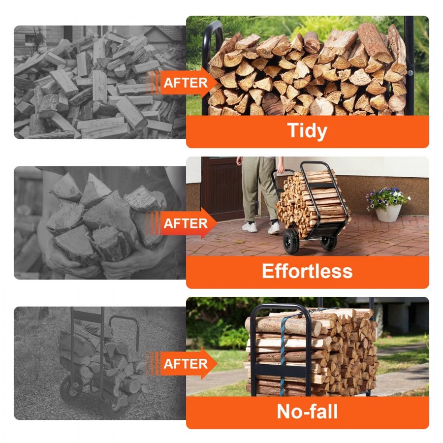 VEVOR Firewood Log Cart, 113.4 kg Capacity, Outdoor and Indoor Wood Rack Storage Mover with PU Wheels & Waterproof Cloth, Heavy Duty Steel Dolly Hauler, Firewood Carrier for Fireplace, Fire Pit, Black