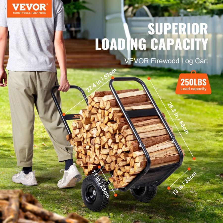 VEVOR Firewood Log Cart, 113.4 kg Load Capacity, Outdoor and Indoor Wood Rack Storage Mover with Pneumatic Rubber Wheels, Heavy Duty Steel Dolly Hauler, Firewood Carrier for Fireplace, Fire Pit, Black