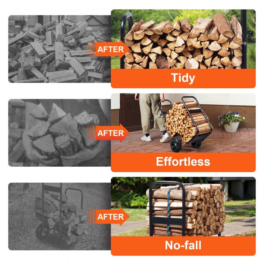 VEVOR Firewood Log Cart, 113.4 kg Load Capacity, Outdoor and Indoor Wood Rack Storage Mover with Pneumatic Rubber Wheels, Heavy Duty Steel Dolly Hauler, Firewood Carrier for Fireplace, Fire Pit, Black