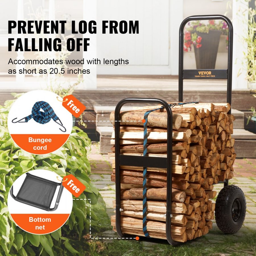 VEVOR Firewood Log Cart, 113.4 kg Load Capacity, Outdoor and Indoor Wood Rack Storage Mover with Pneumatic Rubber Wheels, Heavy Duty Steel Dolly Hauler, Firewood Carrier for Fireplace, Fire Pit, Black