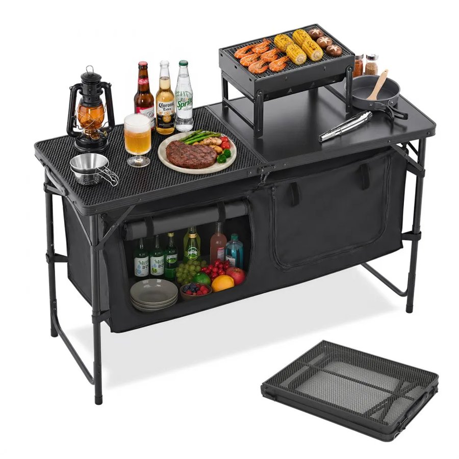 VEVOR Camping Kitchen Table, Folding Outdoor Cooking Table, 3 Adjustable Heights, Aluminum Lightweight Portable Cook Station with Storage Organizer, Carry Handle, for BBQ Party Picnic RV Travel, Black