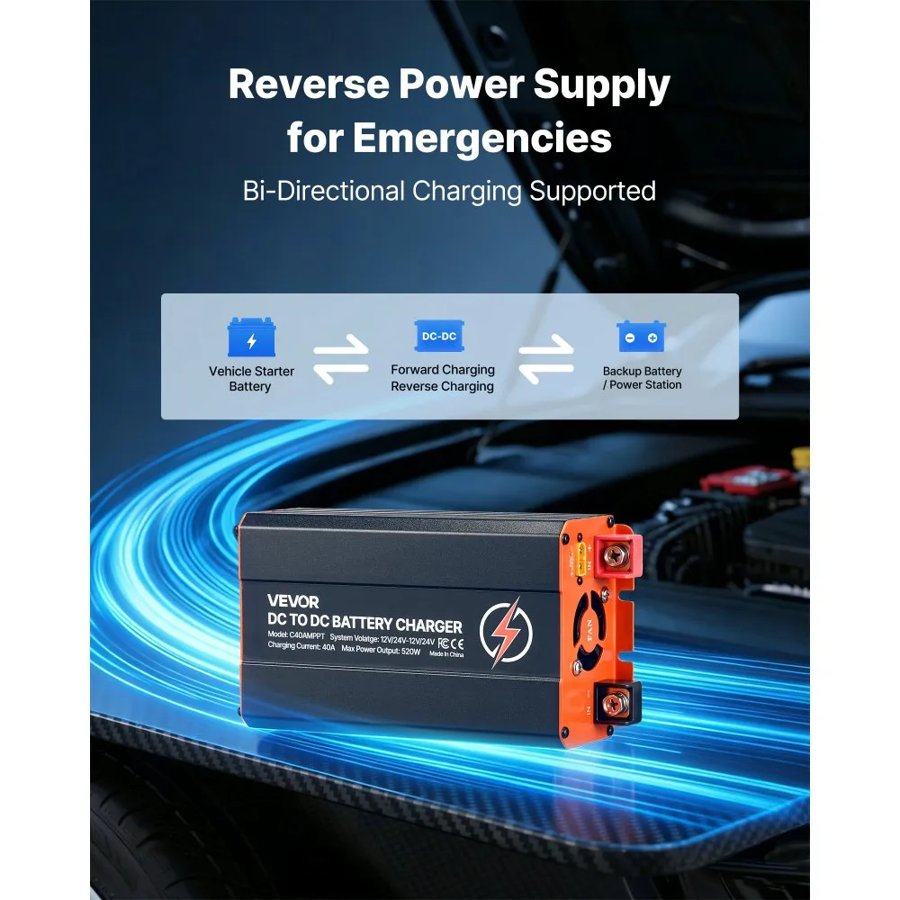 VEVOR 40A DC to DC Battery Charger – MPPT, 520W Dual Input