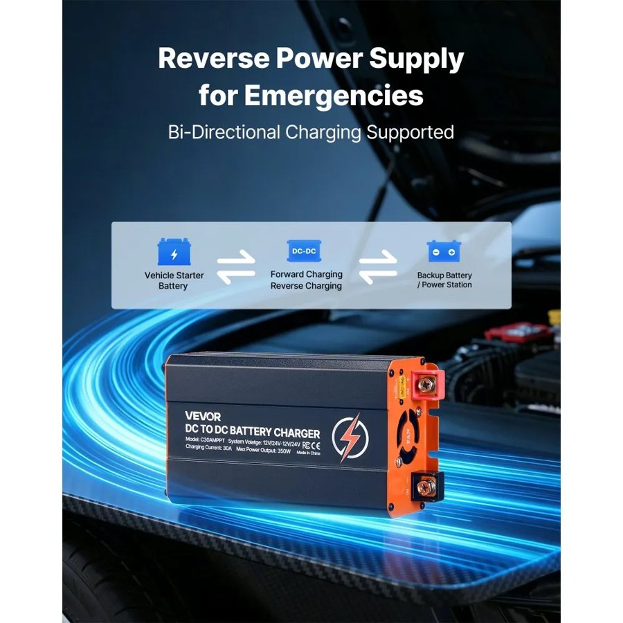 VEVOR DC to DC Charger with MPPT, 350W, 30A On-Board Battery Charger, Solar Panel/Alternator Dual Input, Smart Multi-Stage Charging for LiFePO4 Lead-Acid Batteries, for RVs, Cars, Home Backup Power