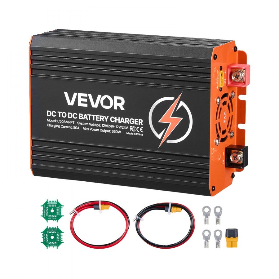VEVOR DC to DC Charger with MPPT, 650W, 50A On-Board Battery Charger, Solar Panel/Alternator Dual Input, Smart Multi-Stage Charging for LiFePO4 Lead-Acid Batteries, for RVs, Cars, Home Backup Power