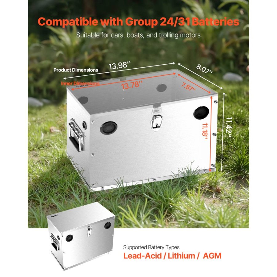 VEVOR Stainless Steel Battery Box – Group 24/31, 12V/24V/36V