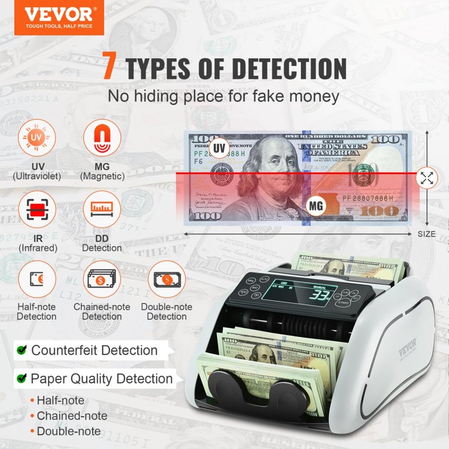 VEVOR Money Counter Machine, Bill Counter with UV, MG, IR and DD Counterfeit Detection, USD & EUR Cash Counting Machine with Large LCD & External Display for Small Business