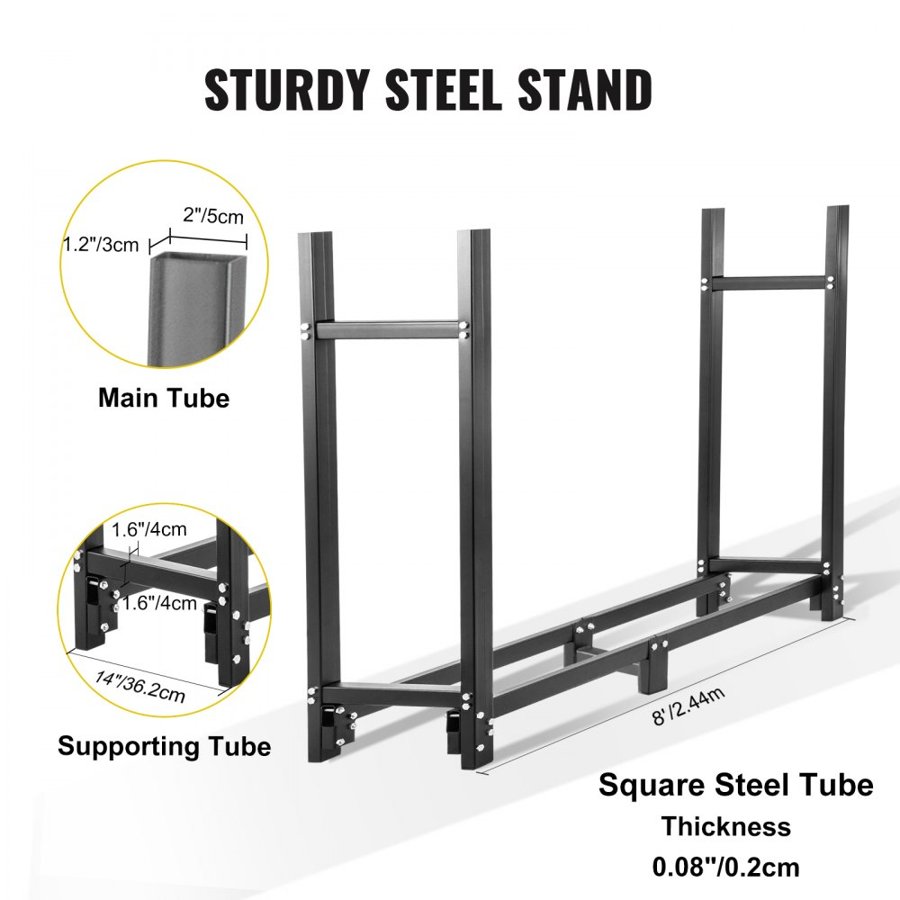 VEVOR Firewood Log Rack, 2.44 m Firewood Rack Outdoor, Black Firewood Rack Stand, Steel Outdoor Wood Rack, Firewood Log Holder with Load Capacity 590 kg, Firewood Rack with Cover & Fireplace Tool Set