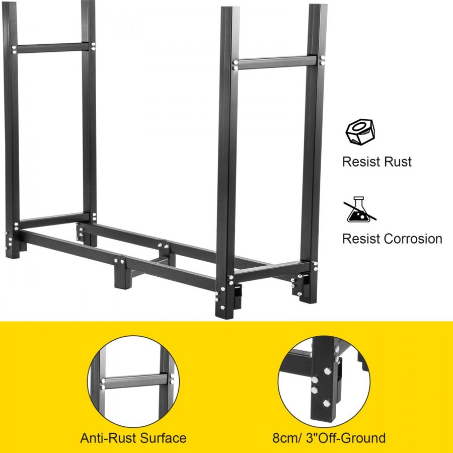 VEVOR Firewood Log Rack, 2.44 m Firewood Rack Outdoor, Black Firewood Rack Stand, Steel Outdoor Wood Rack, Firewood Log Holder with Load Capacity 590 kg, Firewood Rack with Cover & Fireplace Tool Set