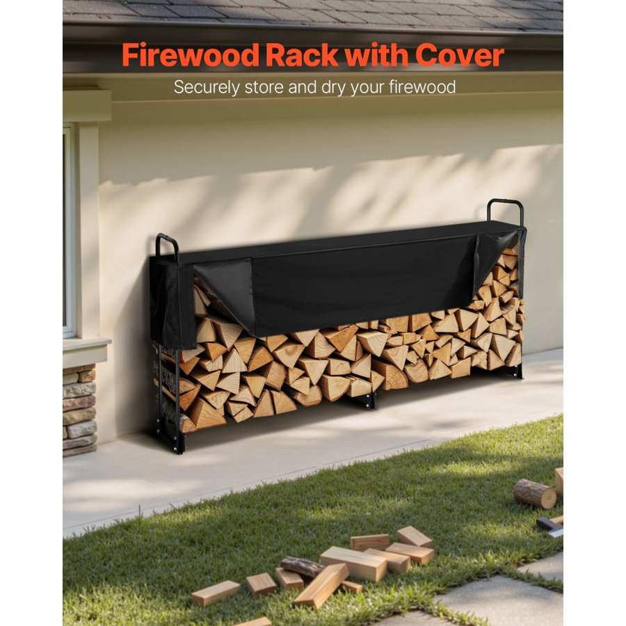 VEVOR 2.4m Outdoor Firewood Rack with Cover, 244 cm x 36 cm x 117 cm, Heavy Duty Firewood Holder & 600D Oxford Waterproof Cover for Fireplace, Patio, Indoor/Outdoor Log Storage Rack for 1/2 Cord of Firewood