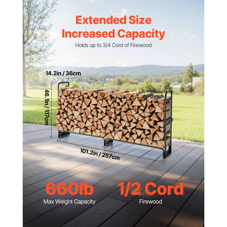 VEVOR 2.4m Outdoor Firewood Rack with Cover, 244 cm x 36 cm x 117 cm, Heavy Duty Firewood Holder & 600D Oxford Waterproof Cover for Fireplace, Patio, Indoor/Outdoor Log Storage Rack for 1/2 Cord of Firewood