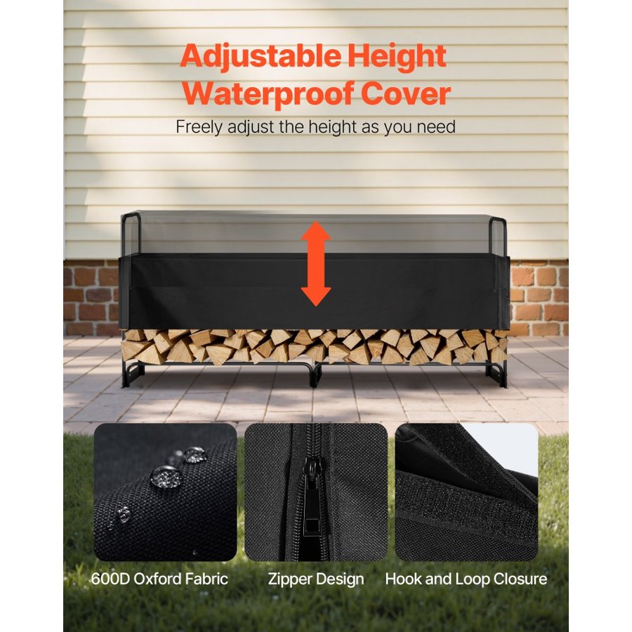 VEVOR 2.4m Outdoor Firewood Rack with Cover, 244 cm x 36 cm x 117 cm, Heavy Duty Firewood Holder & 600D Oxford Waterproof Cover for Fireplace, Patio, Indoor/Outdoor Log Storage Rack for 1/2 Cord of Firewood