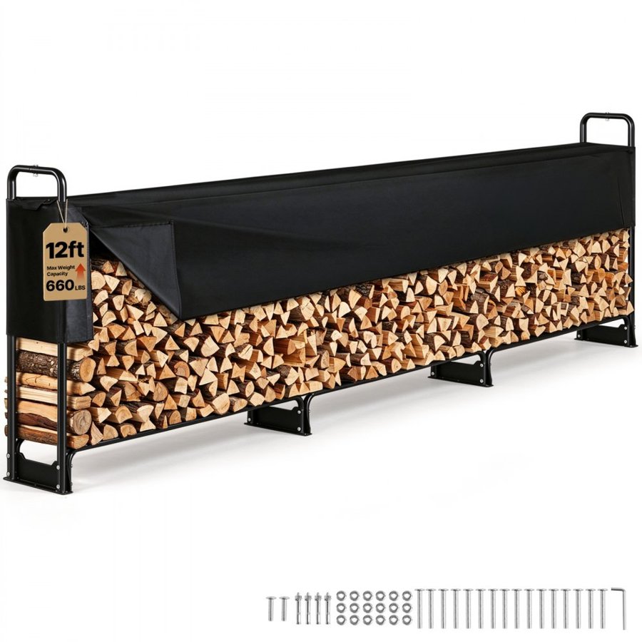 VEVOR 3.9m Outdoor Firewood Rack with Cover, 386 cm x 36 cm x 117 cm, Heavy Duty Firewood Holder & 600D Oxford Waterproof Cover for Fireplace, Patio, Indoor/Outdoor Log Storage Rack for 3/4 Cord of Firewood